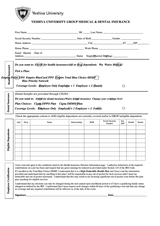 Group Medical Dental Insurance Form Printable Pdf Download