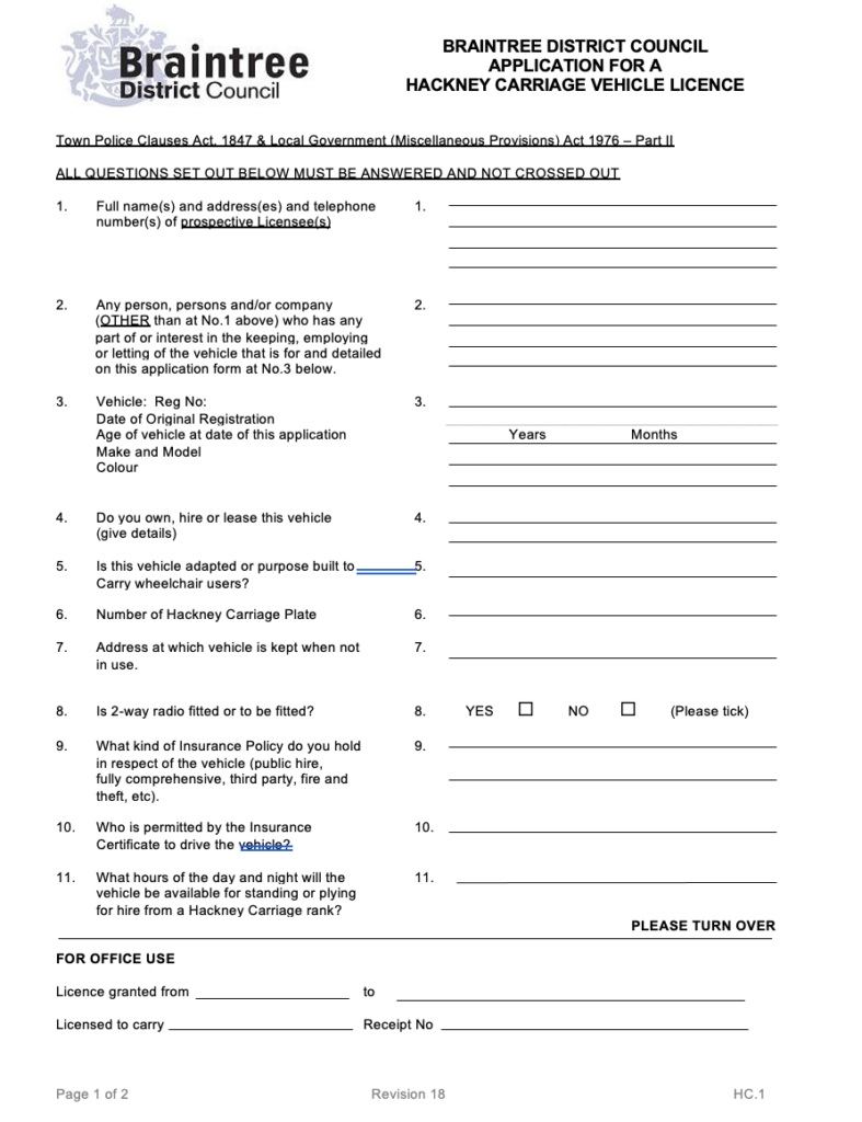 Hackney Carriage Vehicle Application Form Braintree District Council