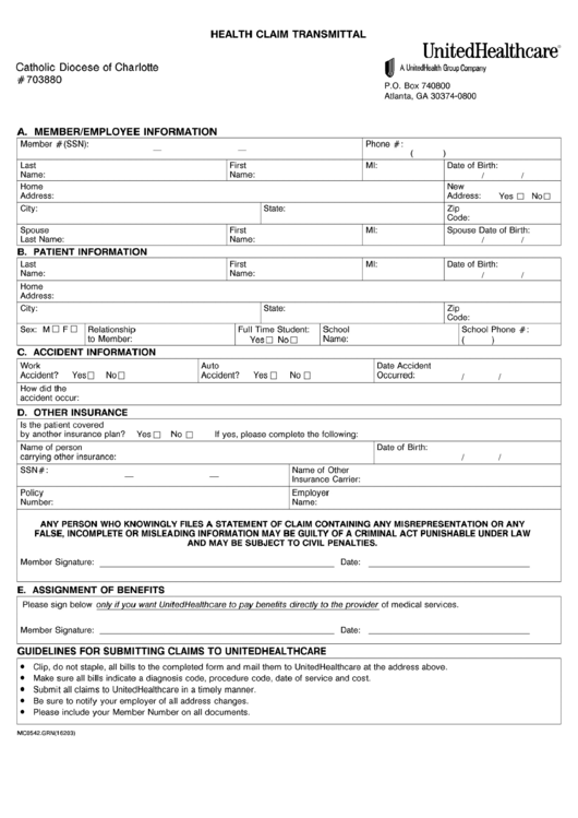 Health Claim Transmittal United Healthcare Printable Pdf Download