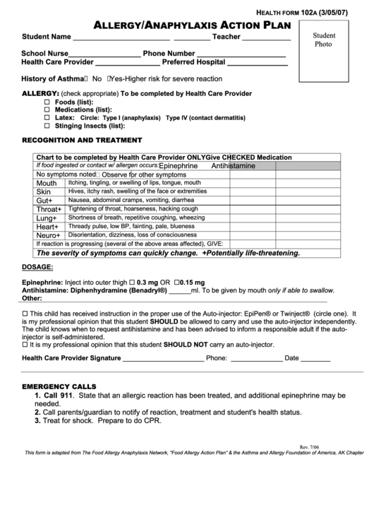 Health Form 102a Allergy anaphylaxis Action Plan Printable Pdf Download