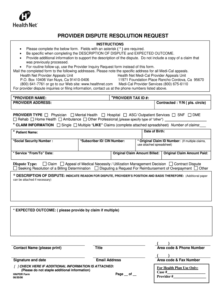 Health Net Provider Dispute Resolution Form Fill Online Printable 