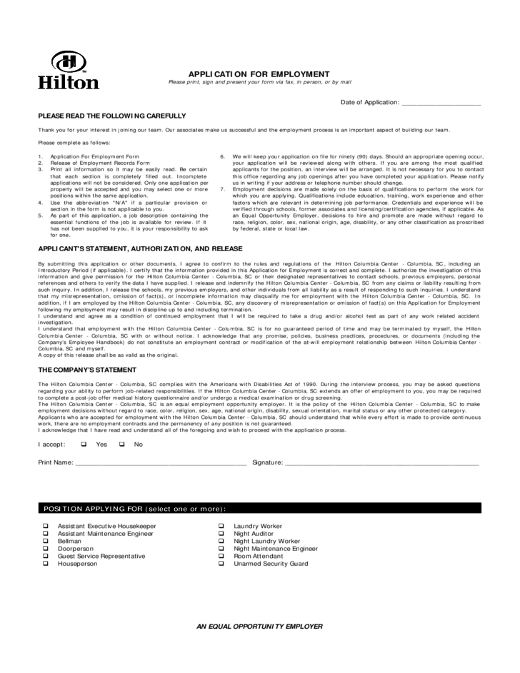 Hilton Job Application Form For Employment Free Download