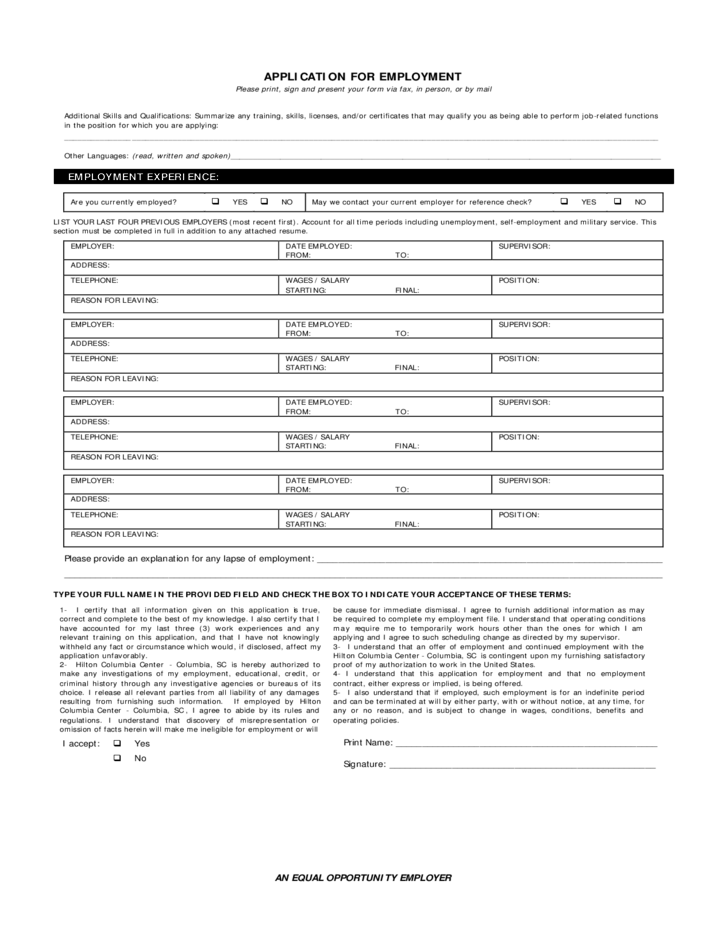 Hilton Job Application Form For Employment Free Download