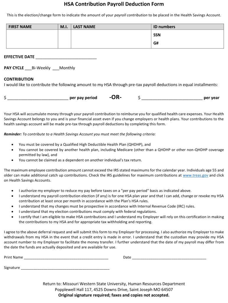 Hsa Contribution Payroll Deduction Form Missouri Western State 