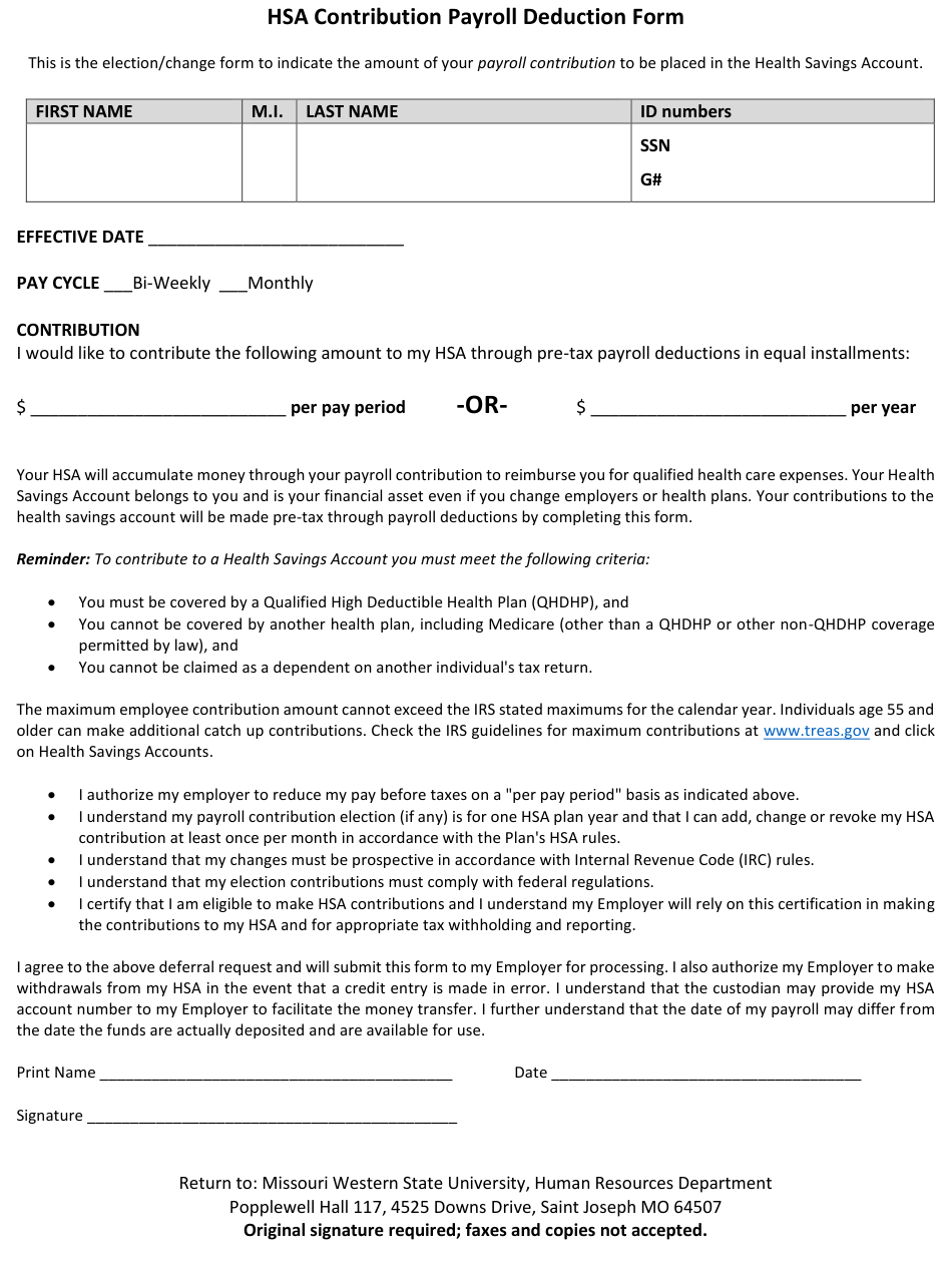 Hsa Contribution Payroll Deduction Form Missouri Western State 