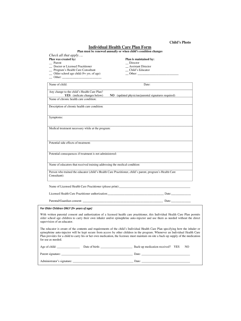 Individual Health Care Plan Form Fill And Sign Printable Template 