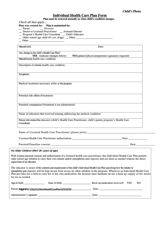 Individual Health Care Plan Form Printable Pdf Download