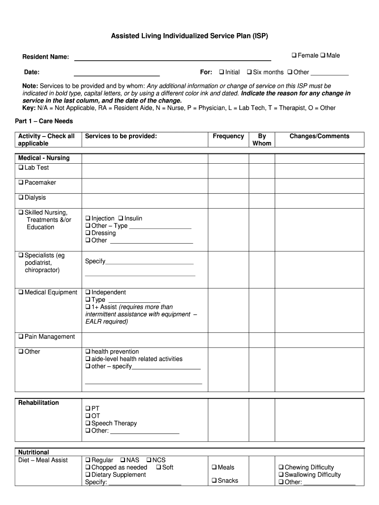 Individual Service Plan Form For Assisted Living Fill Out And Sign