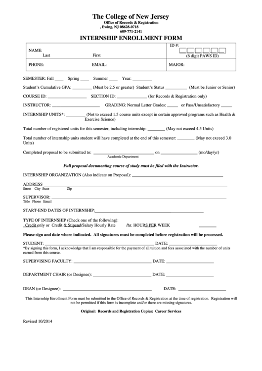 Internship Enrollment Form Printable Pdf Download