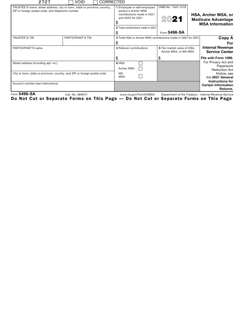 IRS Form 5498 SA Download Fillable PDF Or Fill Online Hsa Archer Msa 