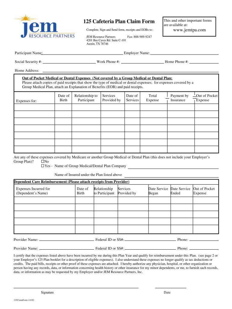 Jem 125 Cafeteria Plan Fill Out And Sign Printable PDF Template SignNow