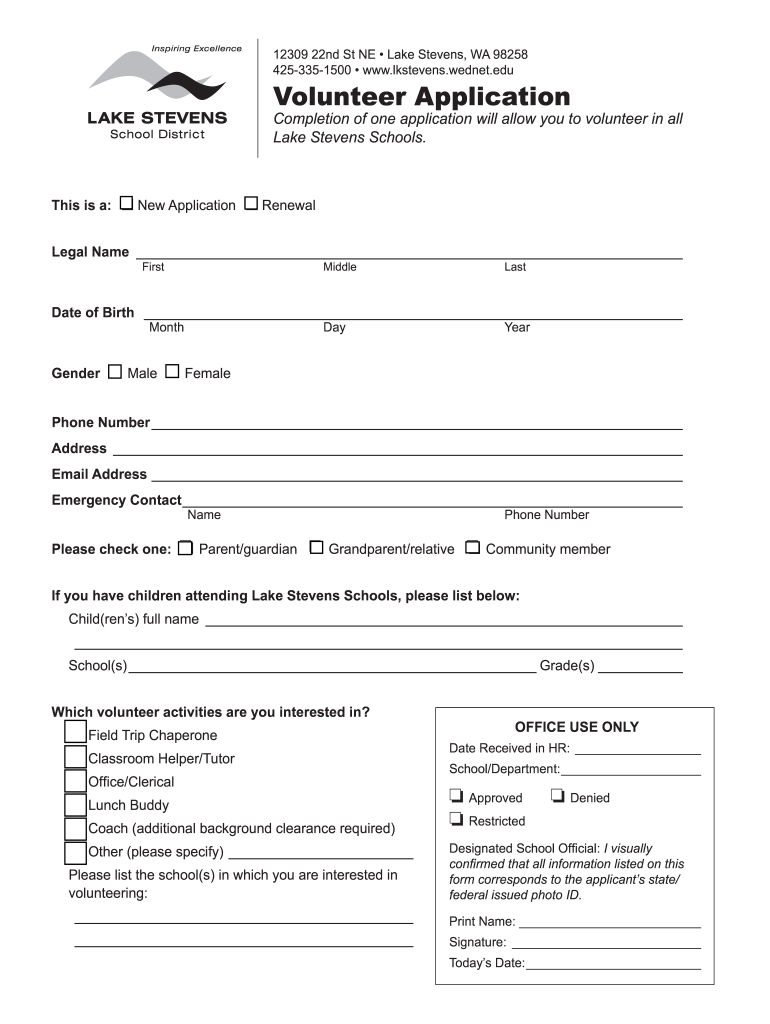 Lake Stevens Online District Volunteer Application Form Fill And Sign 