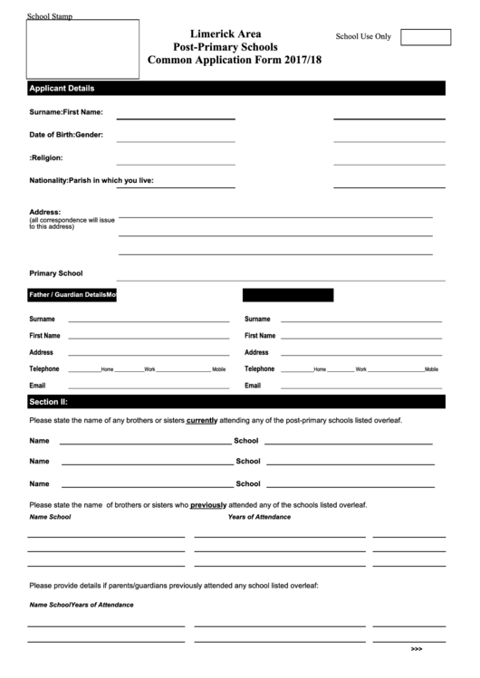 Limerick Area Post Primary Schools Common Application Form 2017 18