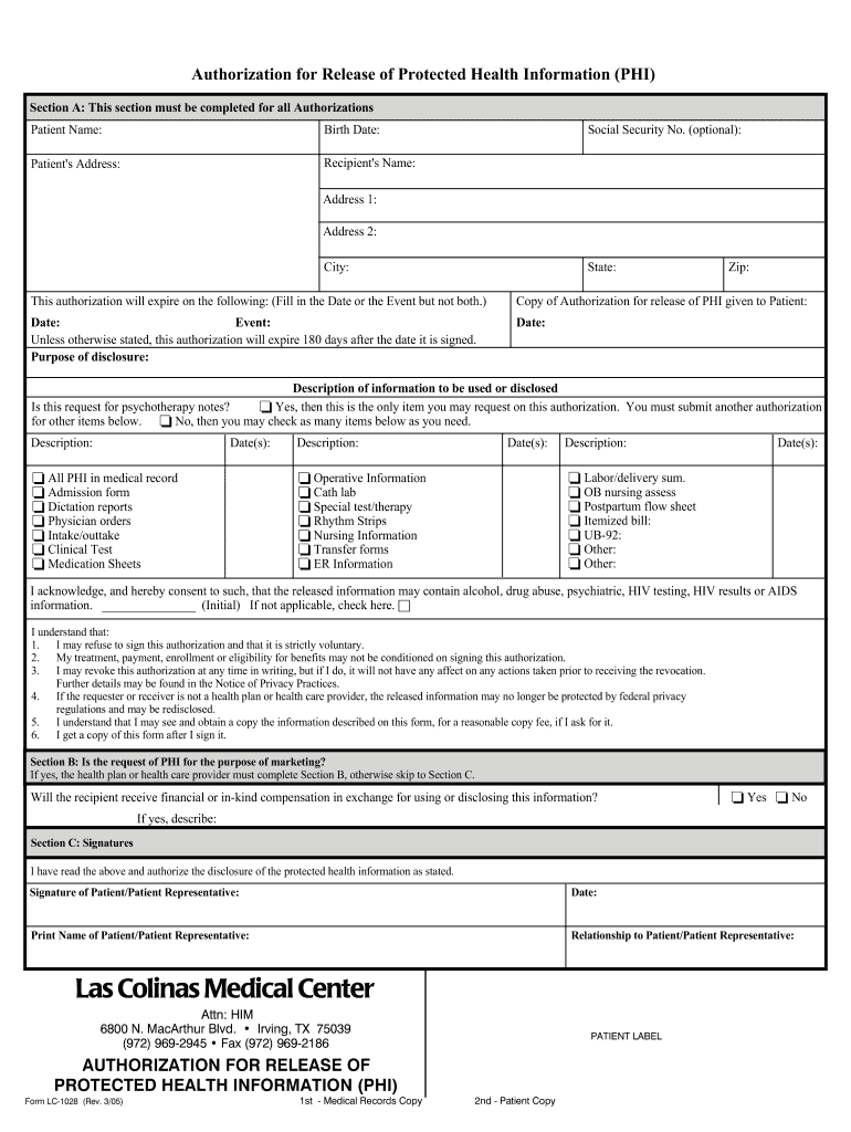 Los Colinas Medical Center Authorization Form Fill Out And Sign