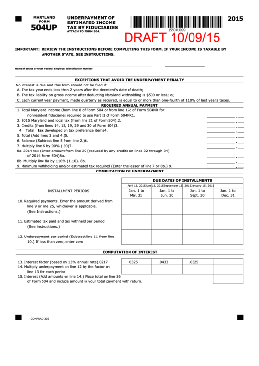 Maryland Form 504up Draft Underpayment Of Estimated Income Tax By 