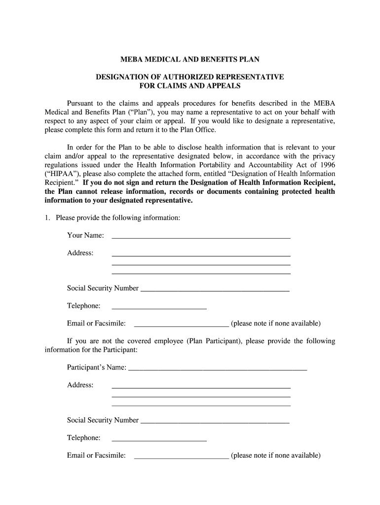 MEBA Medical Plan Designation Of Authorized Representative Fill Out 