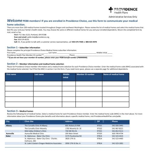 Medical Home Selection Form Providence Health Plan