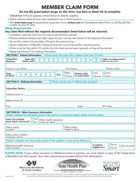 Member Claim Form State Health Plan