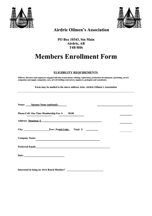 Members Enrollment Form Airdrie Oilmen S Association Printable Pdf