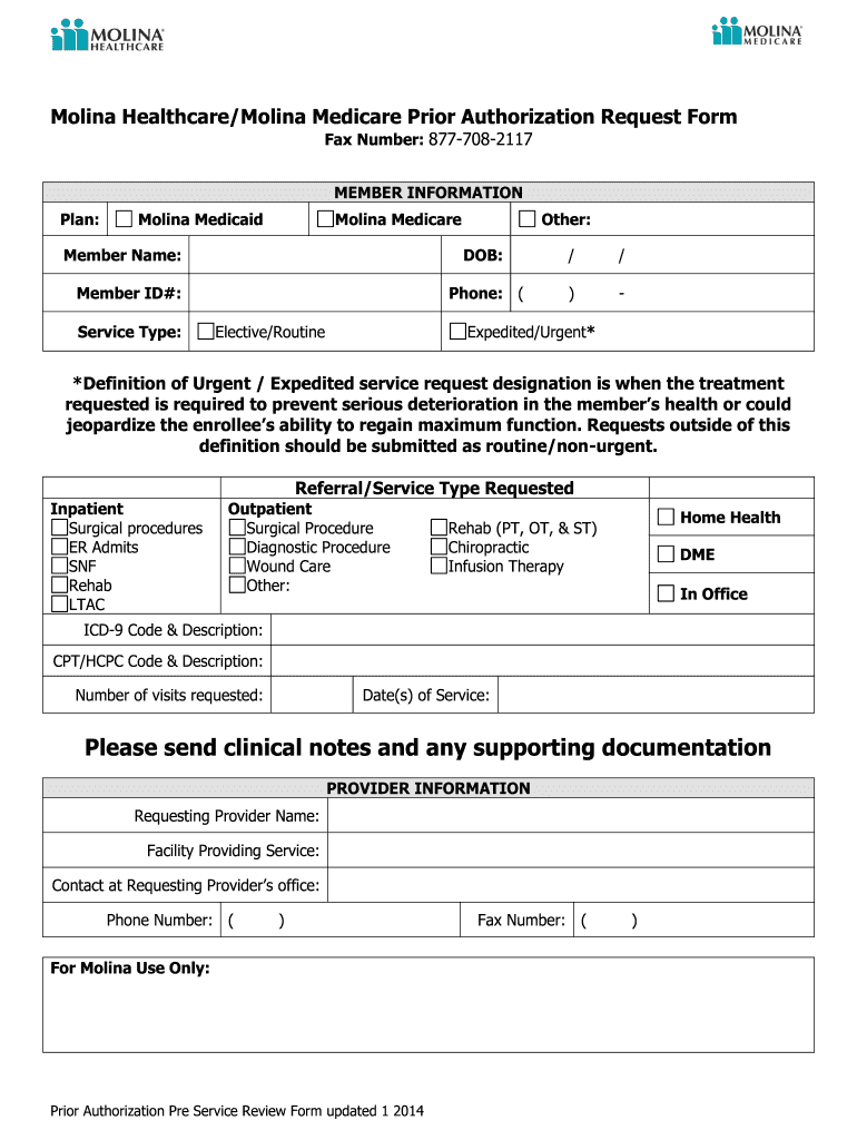 Molina Healthcare Medicare Prior Authorization Request 2014 Fill And 