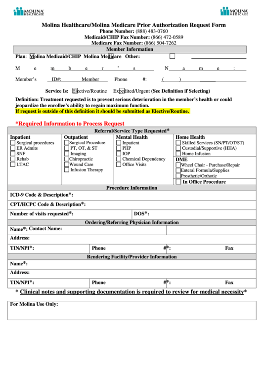 Molina Healthcare molina Medicare Prior Authorization Request Form 