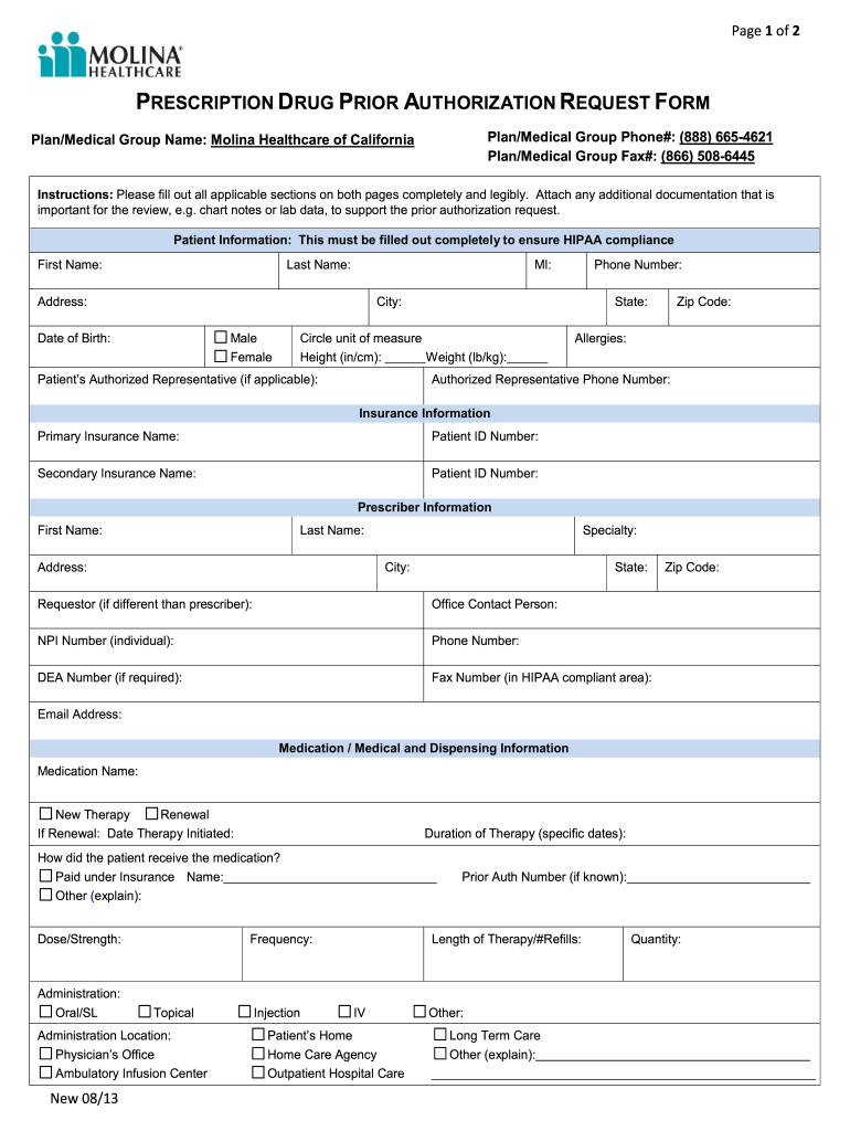 Molina Healthcare Prior Authorization Texas Fill Online Printable 