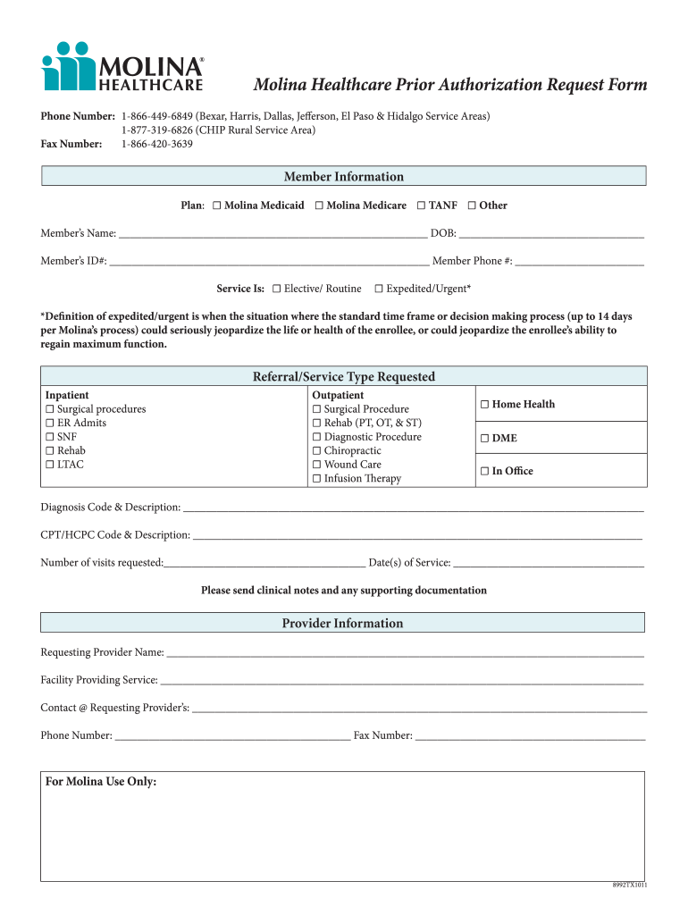 Molina Prior Authorization Request Form Fill Online Printable 