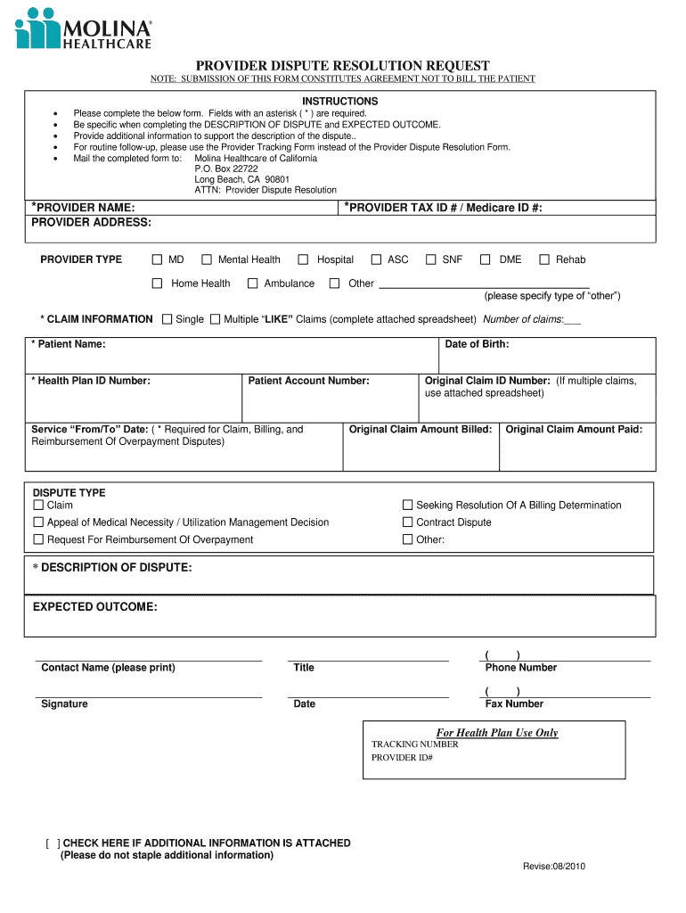 Molina Provider Dispute Form Fill Out And Sign Printable PDF Template 