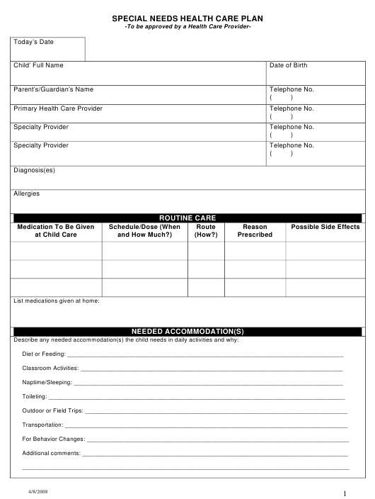 Montana Special Needs Health Care Plan Form Download Printable PDF