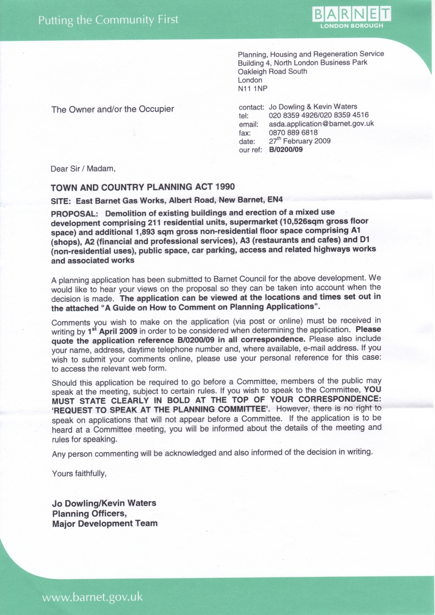 New Barnet Documents ASDA Barnet s Letter To Residents 27 Feb 09