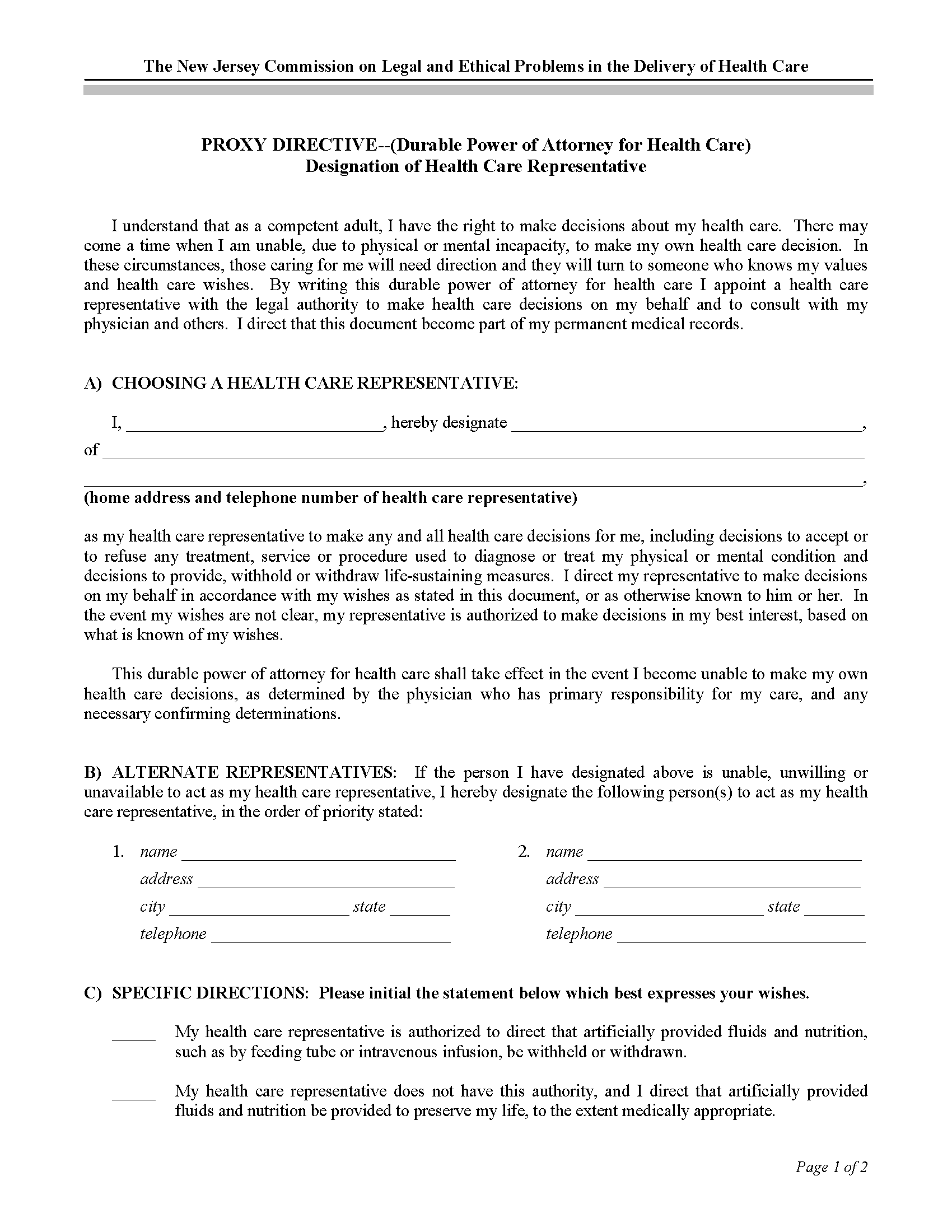 New Jersey Health Care Power Of Attorney Word Free Printable Legal 