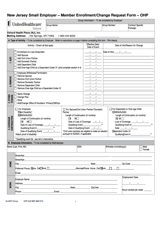 New Jersey Small Employer Member Enrollment change Request Form Ohp 