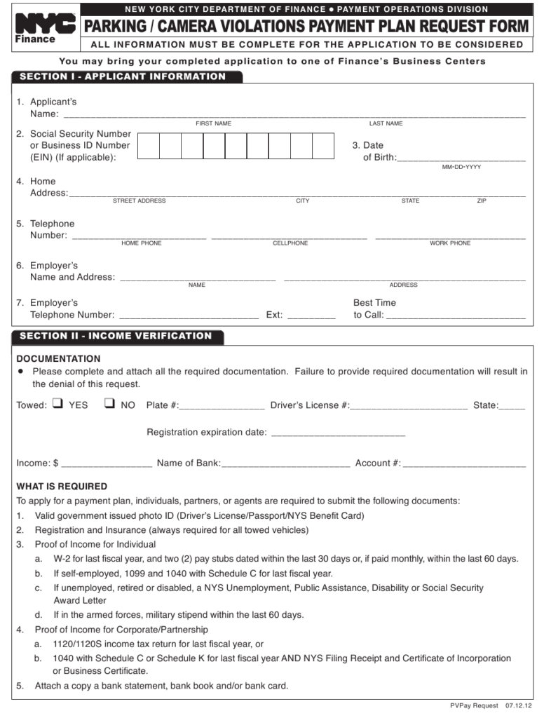 New York City Parking Camera Violations Payment Plan Request Form 