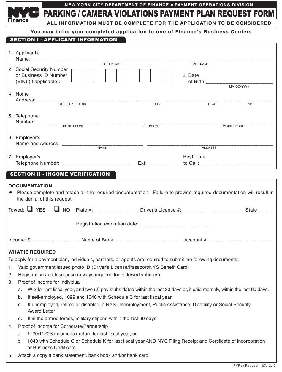 New York City Parking Camera Violations Payment Plan Request Form 