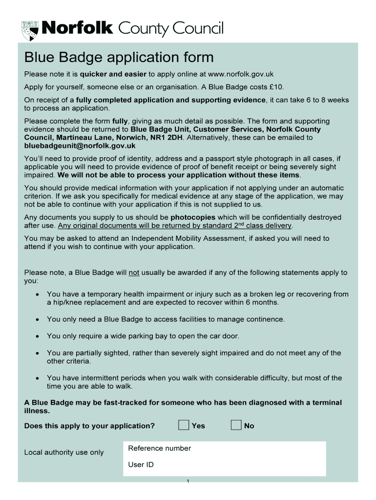 Norfolk County Council Blue Badge Application Form 2020 2021 Fill And