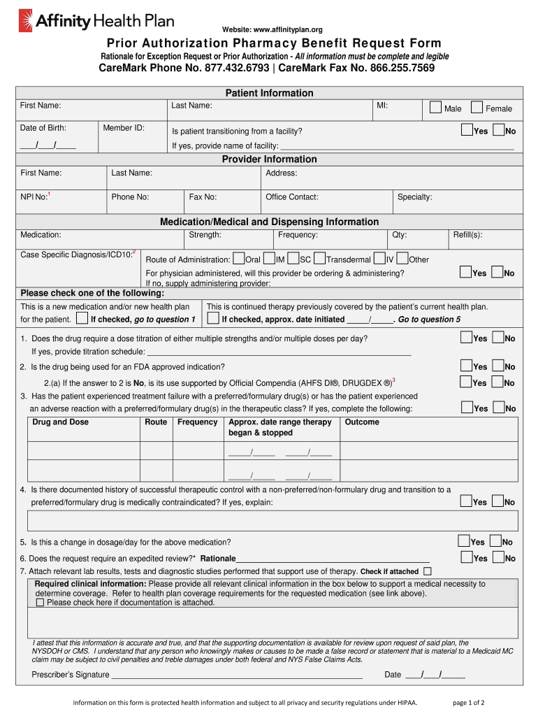 NY Affinity Health Plan Prior Authorization Request Form Fill And