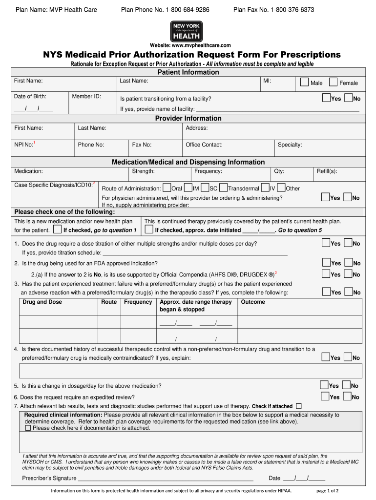 NYS Medicaid Prior Authorization Request Form For Prescriptions Fill 