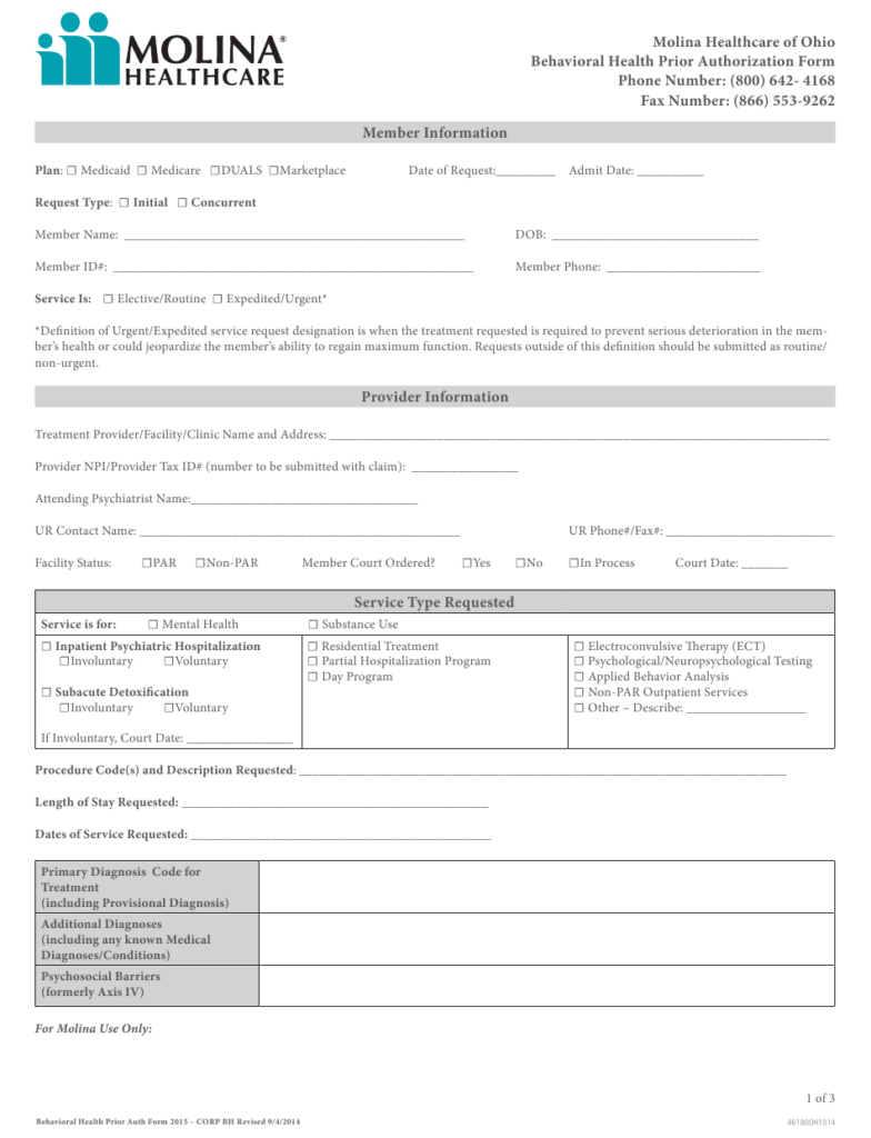 Ohio Behavioral Health Prior Authorization Molina Healthcare Download 