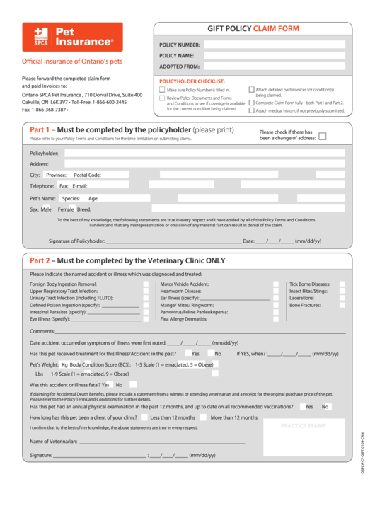 Ontario Spca Pet Insurance Gift Claim Form Printable Pdf Download