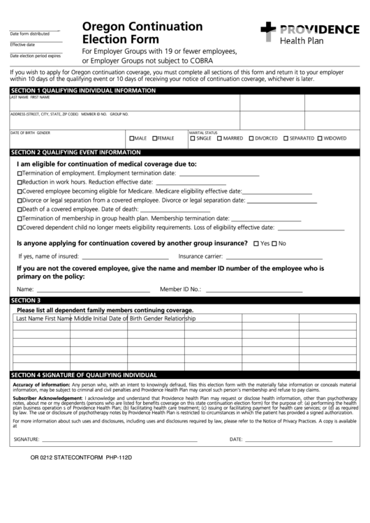 Oregon Continuation Election Form Providence Health Plan Printable 