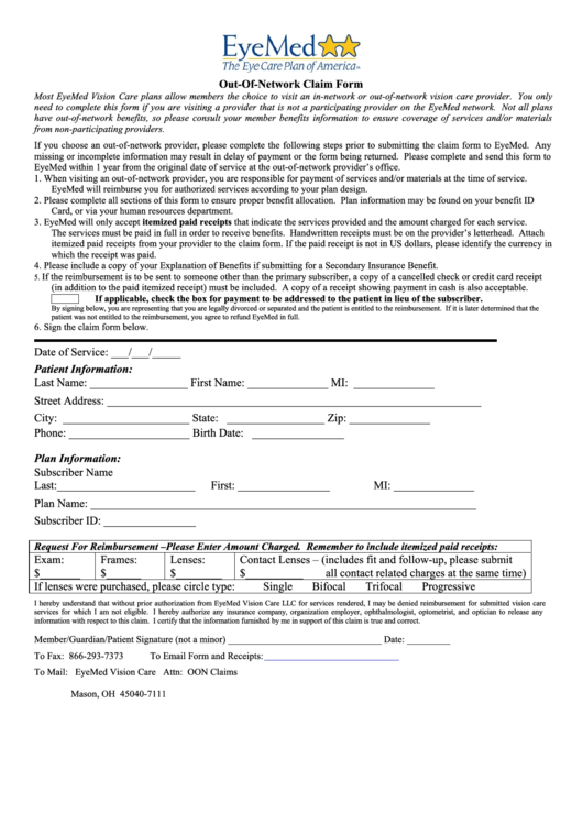 Out Of Network Claim Form Printable Pdf Download