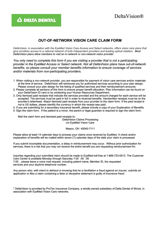 Out Of Network Vision Services Claim Form 2013 Printable Pdf Download