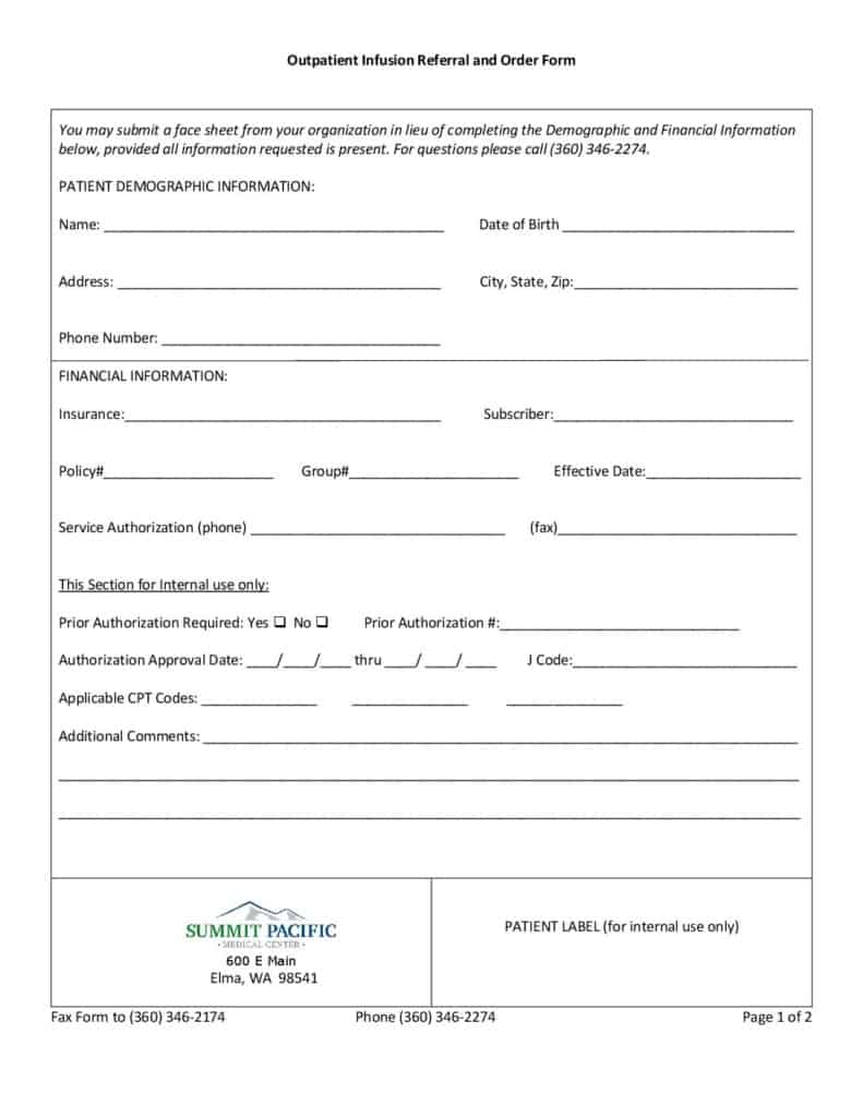 Outpatient Infusion Medication Order And Referral Form Summit Pacific 