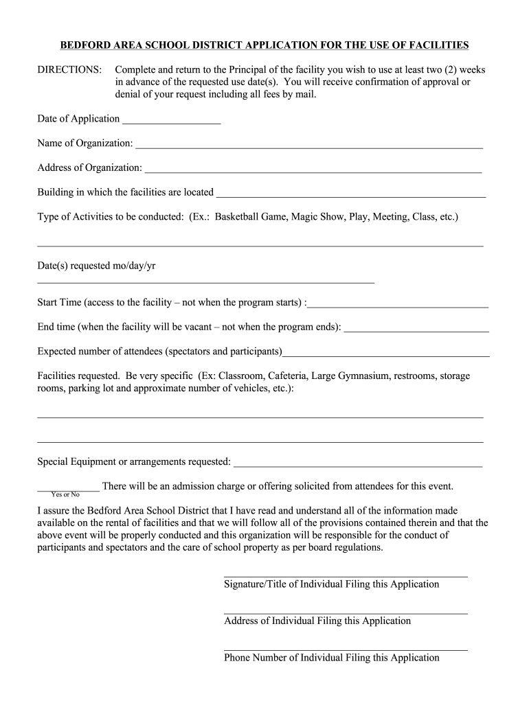 PA Bedford Area School District Application For The Use Of Facilities