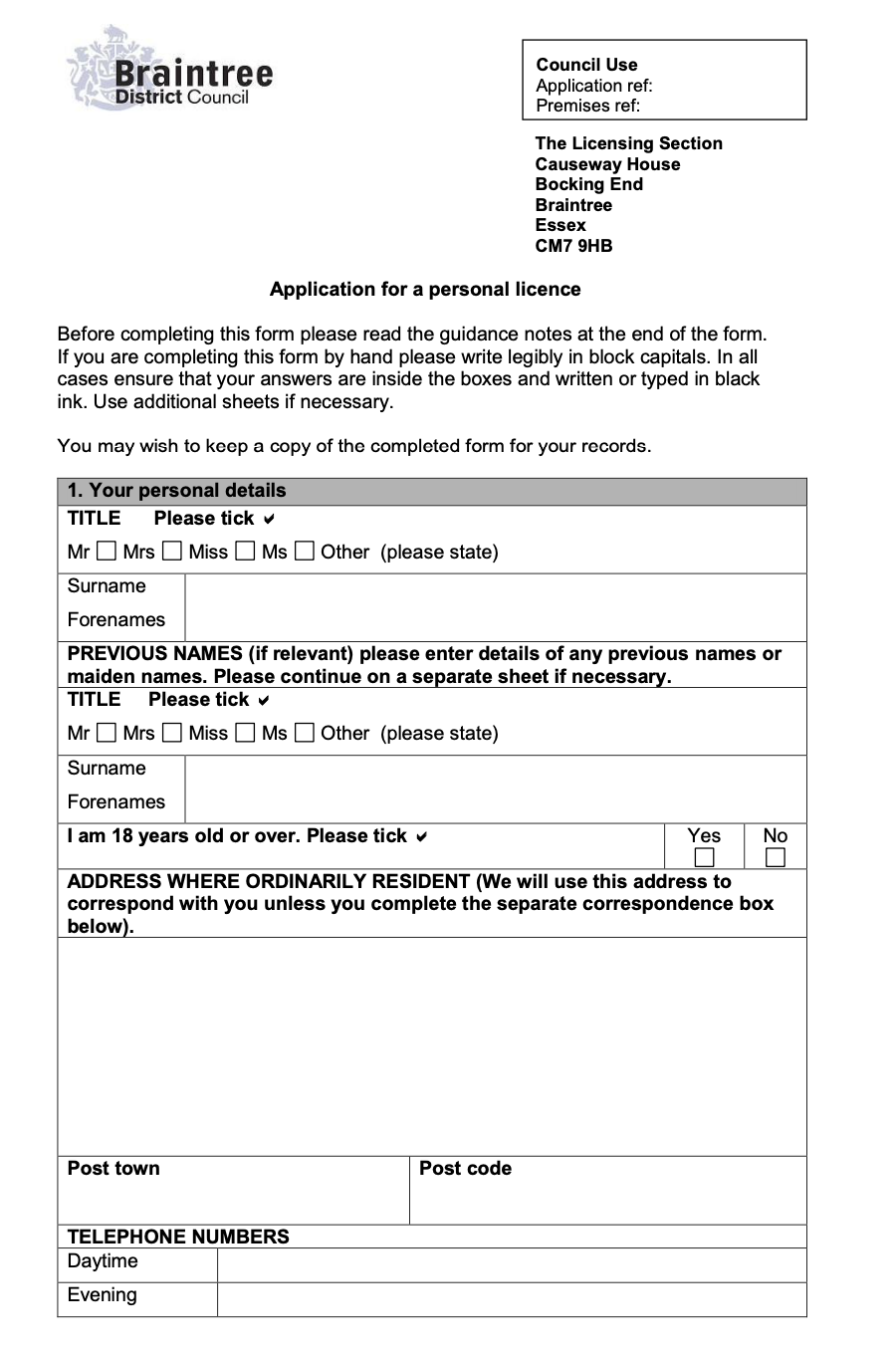 Personal License Application Form Braintree District Council