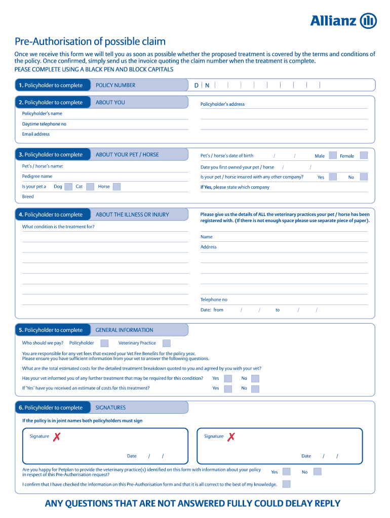 Petplan Pre Authorisation Form Fill Online Printable Fillable 