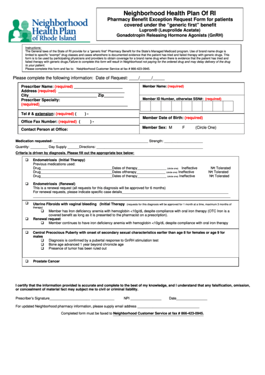 Pharmacy Benefit Exception Request Form Neighborhood Health Plan Of 