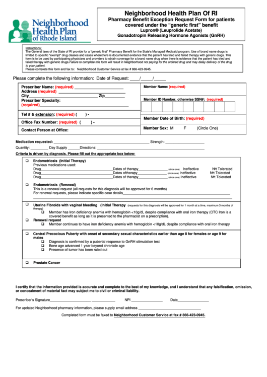 Pharmacy Benefit Exception Request Form Neighborhood Health Plan Of