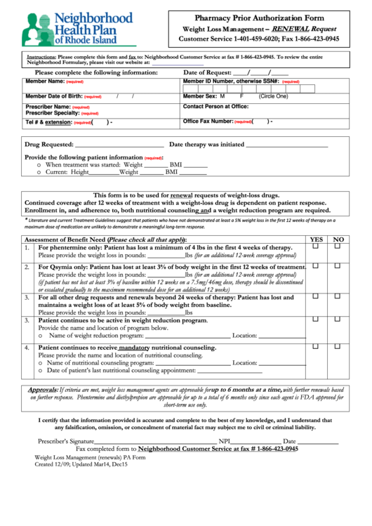 Pharmacy Prior Authorization Form Neighborhood Health Plan Ri 