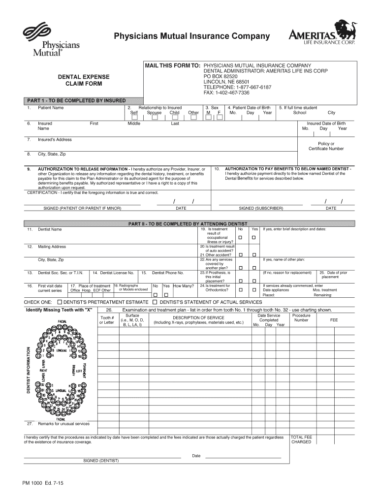 Physicians Mutual Insurance Company Dental Insurance Claim Form Dental 